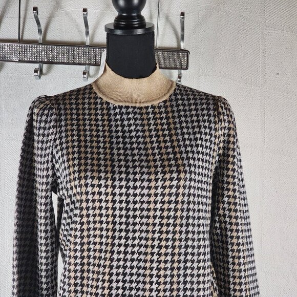 Ann Taylor Black Tan Metallic Houndstooth Mock Neck Cotton Poly Modal Sweater M - Picture 3 of 16